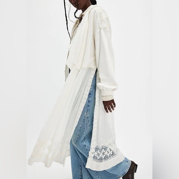 FP White Hooded Button-Up Dress with Lace Details - Picture 3 of 16